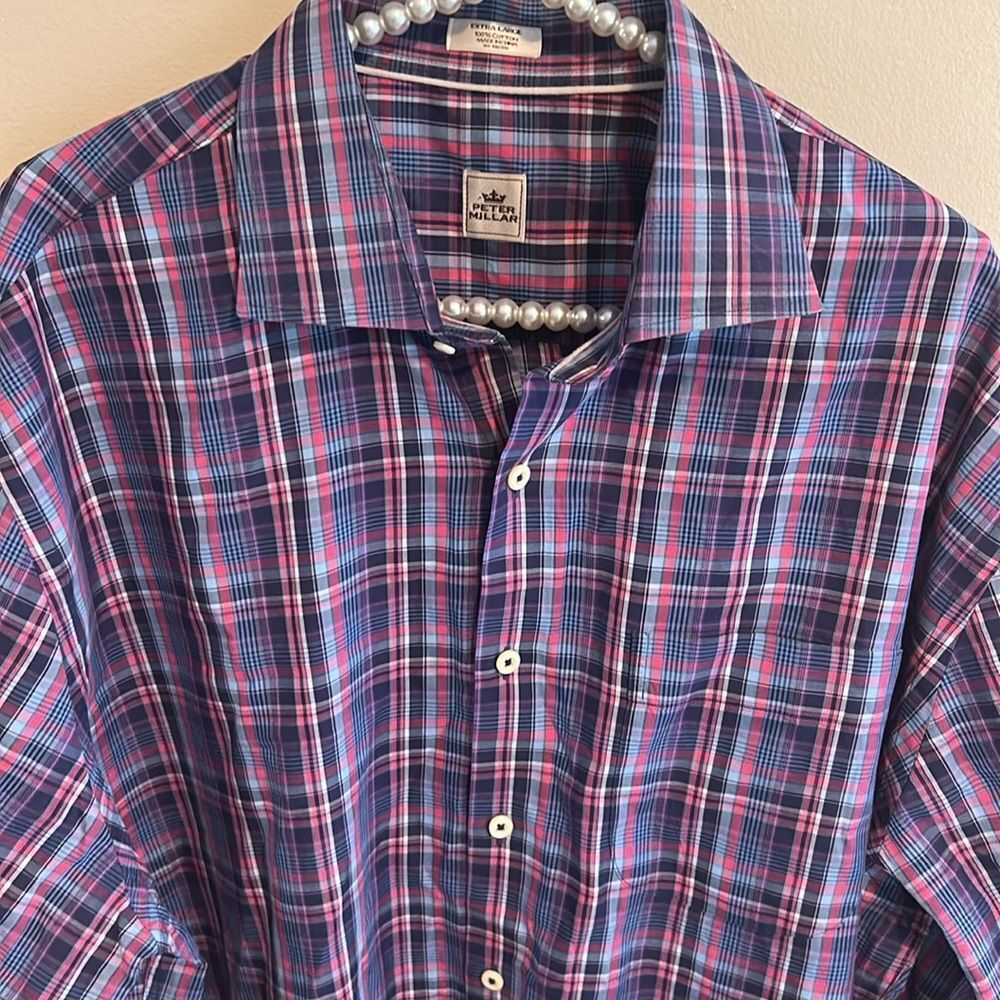 Peter Millar Crown Shirt Men XL Pink Blue Plaid Long Sleeve 100% Cotton 34x27